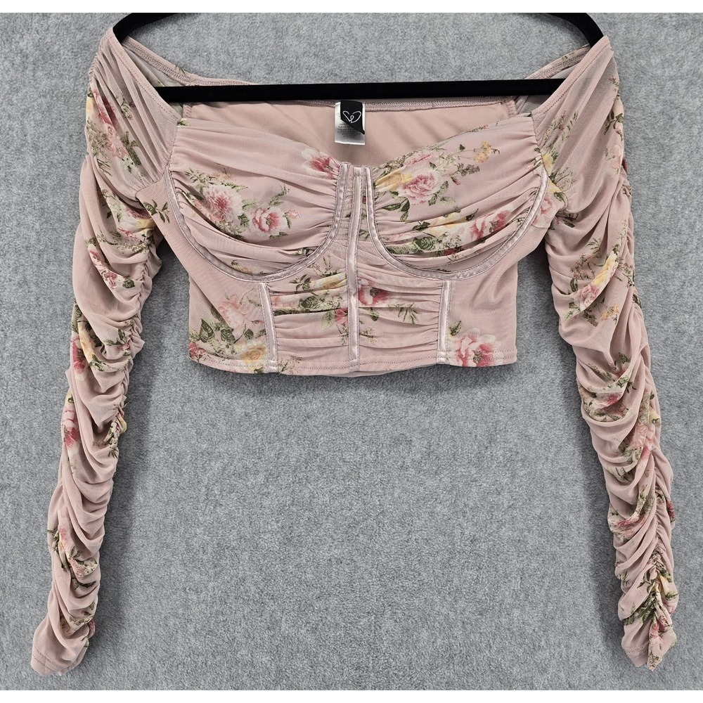 Windsor Pink Floral Ruched Sleeve Crop Top Sz S Corset Fairycore Coquette Flirty - Picture 2 of 8